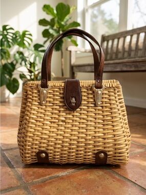 Vintage 1940s 1950s By Donna Wicker Basket Purse Brown Leather Handbag